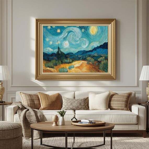 Vintage Night Sky Painting Stars Moon Village Landscape