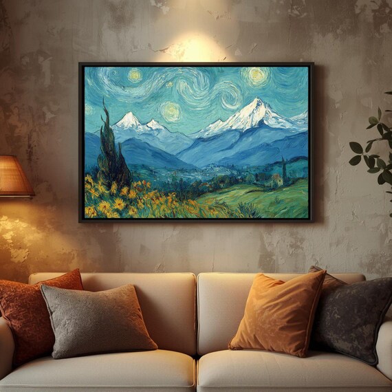Starry Night Himalayan Peaks Sunflower Meadow Mountain Art Poster
