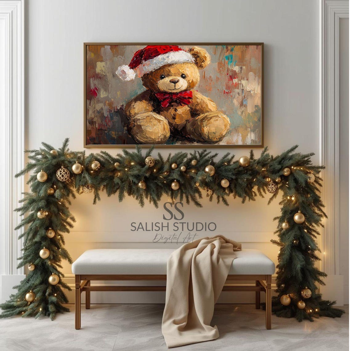 Cute Teddy Bear Santa Hat Christmas Oil Painting Style Poster