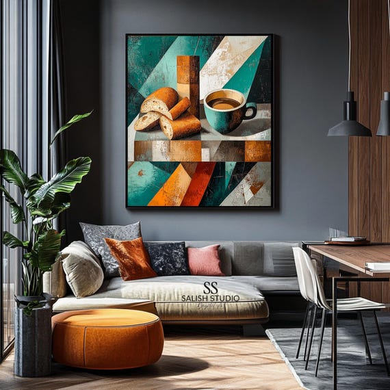 Coffee Bread Still Life Cozy Retro Wall Art Geometric Textured Painting Rustic Vintage Decor 483