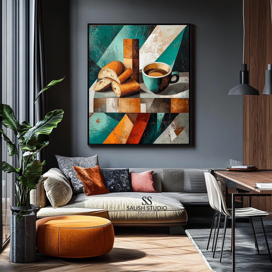 Cubist Coffee And Bread Still Life Retro Geometric Kitchen Cafe Decor Poster