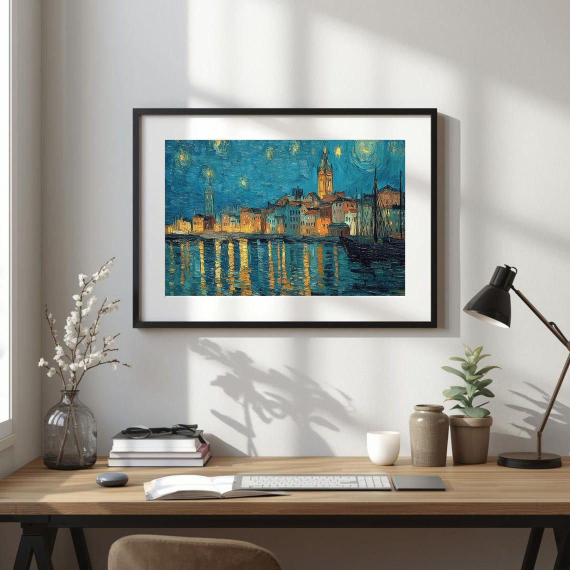 Starlit Waterfront Cityscape Night Lights Harbor View Poster