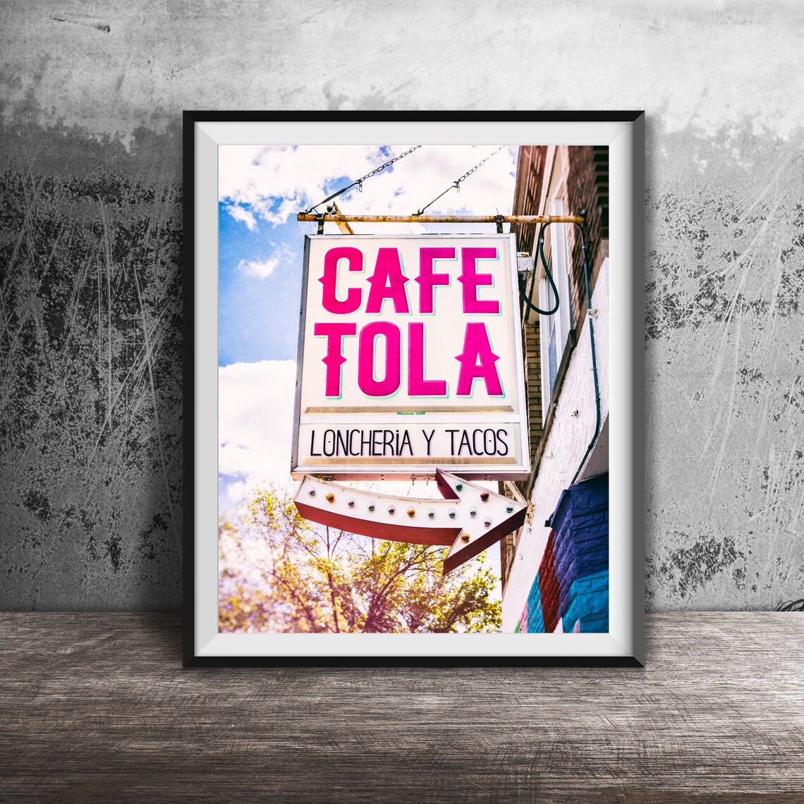 Cafe Tola Loncheria y Tacos Pink Neon Arrow Sign Photography Poster