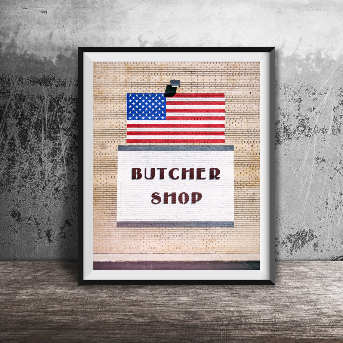 Butcher Shop Brick Wall Mural With American Flag Vintage Sign Poster