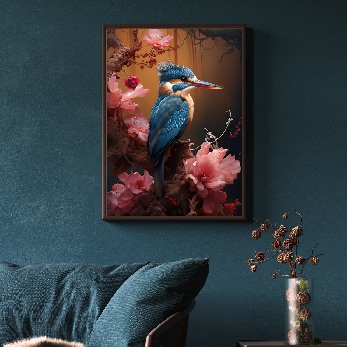 Kingfisher Pink Blossom Botanical Bird Portrait Elegant Poster - Image 3