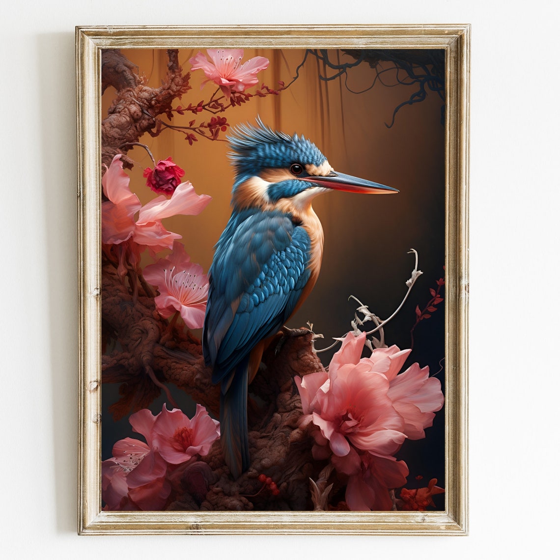 Kingfisher Pink Blossom Botanical Bird Portrait Elegant Poster