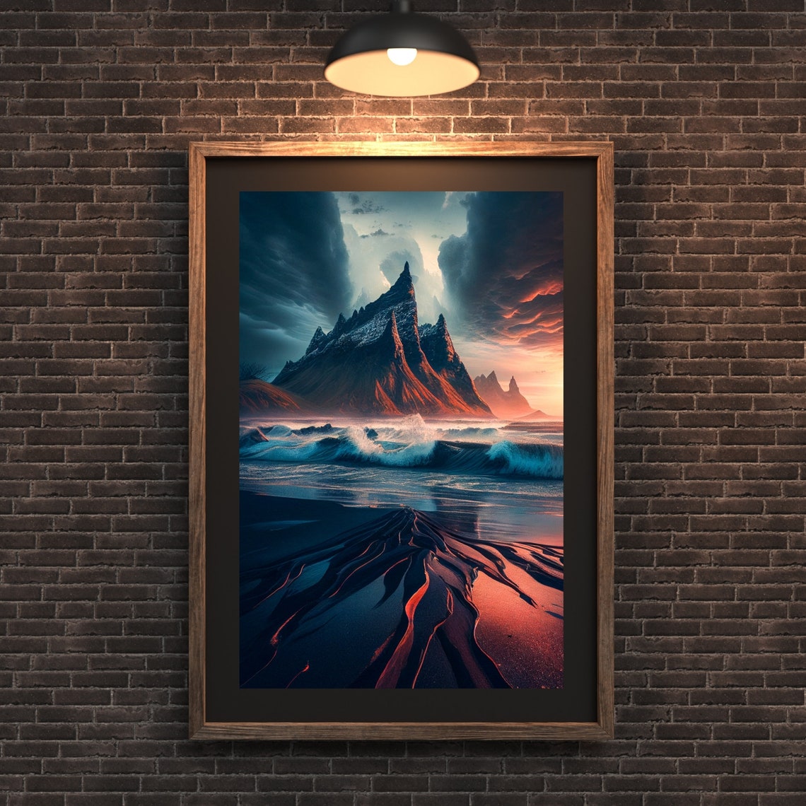 Dramatic Mountain Peak Over Black Sand Beach at Sunset Poster - Image 2