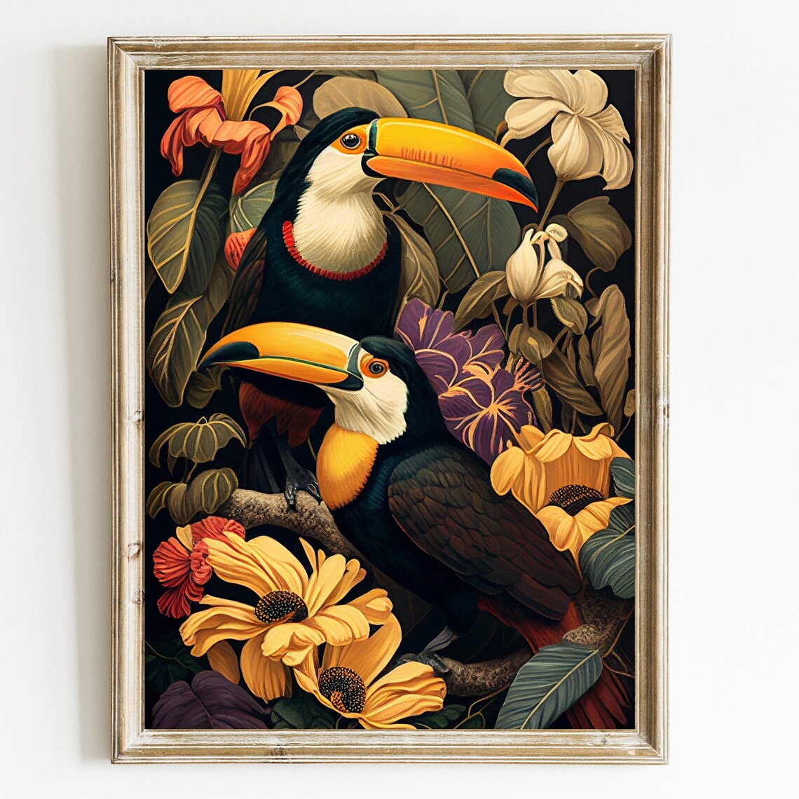 Two Toucans Among Tropical Flowers Dark Botanical Art Poster