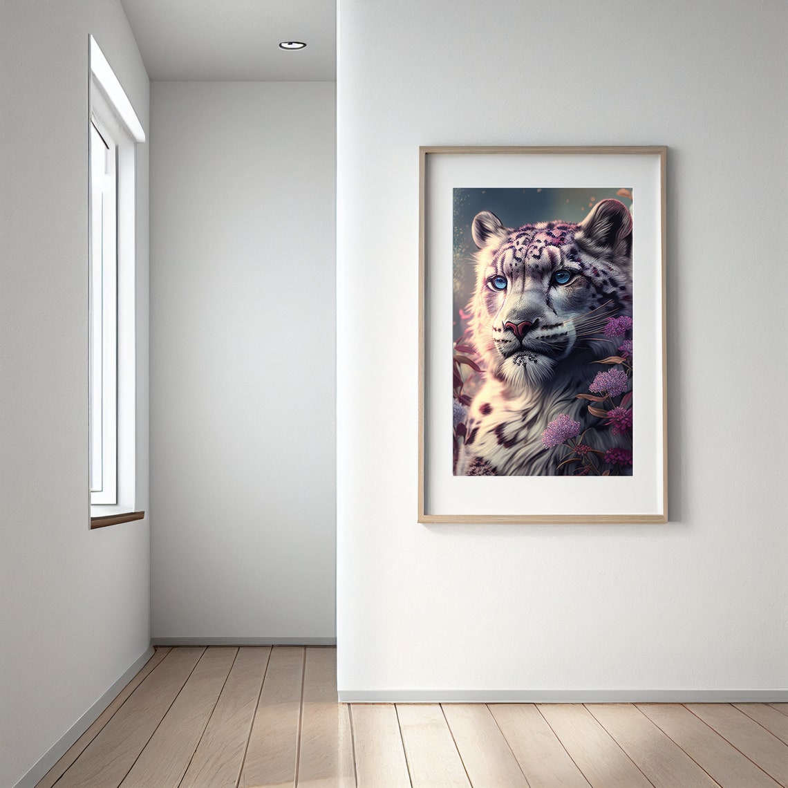 Snow Leopard Blue Eyes Floral Portrait Majestic Big Cat Poster - Image 2