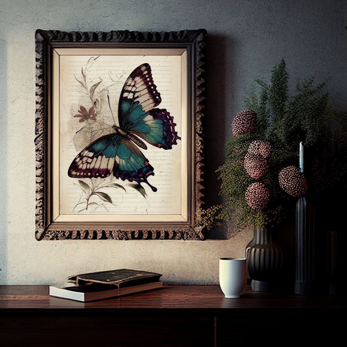 Teal and Purple Butterfly Vintage Botanical Illustration Poster - Image 2