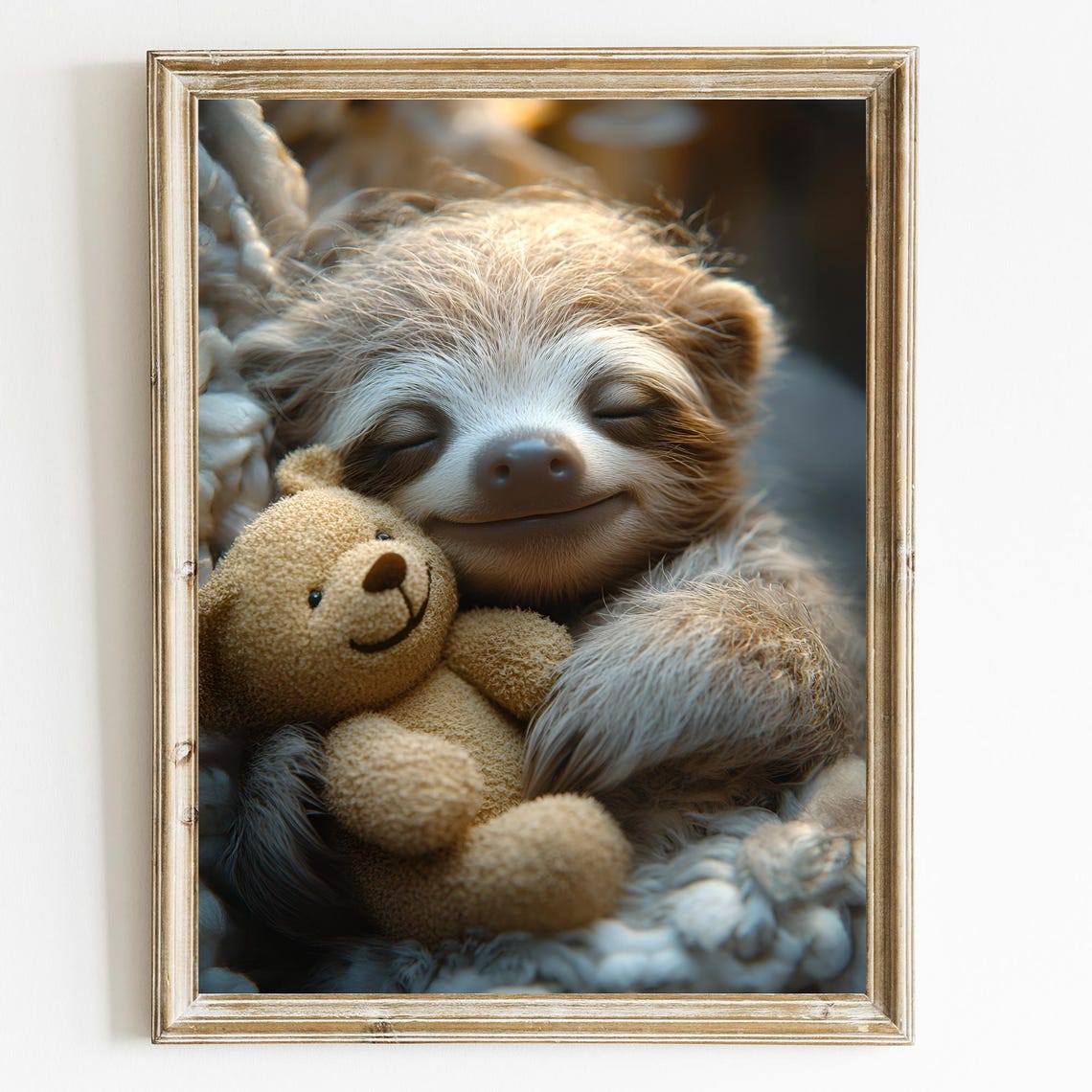 Sleepy Baby Sloth Hugging Teddy Bear Cute Nursery Animal Poster