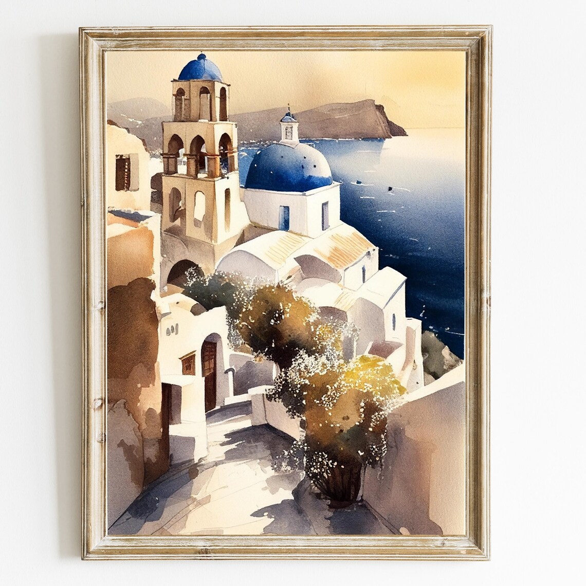 Santorini Blue Domes Watercolor Greek Island Travel Art Poster