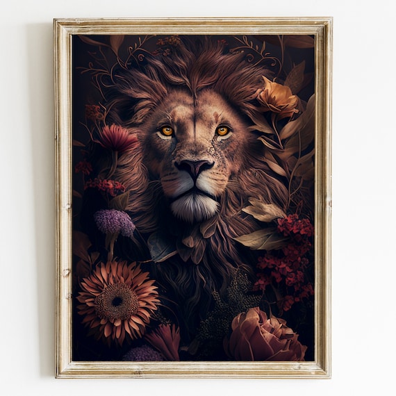 Lion Among Dark Flowers Vintage Boho Floral Big Cat Portrait Poster