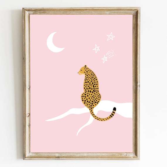 Cheetah Sitting Under Crescent Moon and Stars Pink Nursery Poster