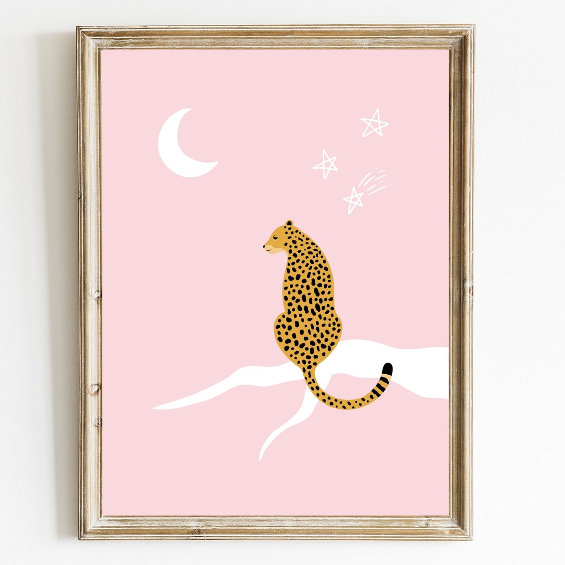 Cheetah Sitting Under Crescent Moon and Stars Pink Nursery Poster