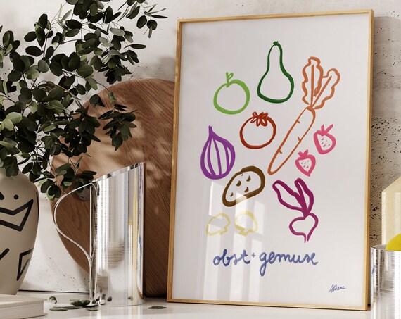 Obst und Gemuse Fruit Vegetable Doodle Line Art Kitchen Poster