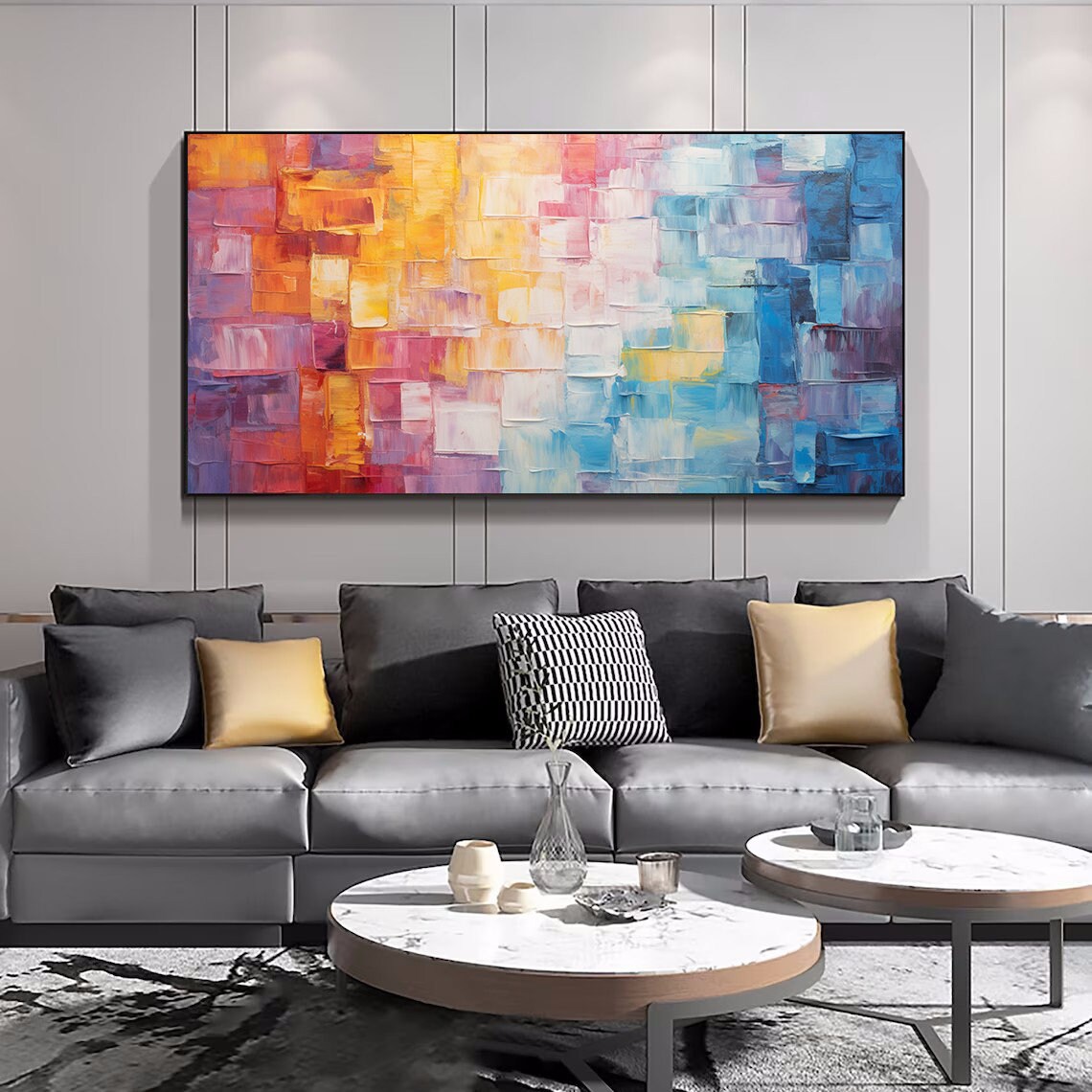 Colorful Mosaic Grid Abstract Art Shifting Orange To Blue Poster - Image 5