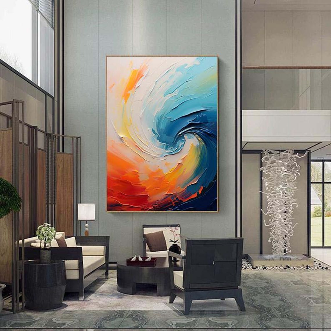 Swirling Ocean Wave Blue Orange Abstract Modern Painting Poster - Image 4
