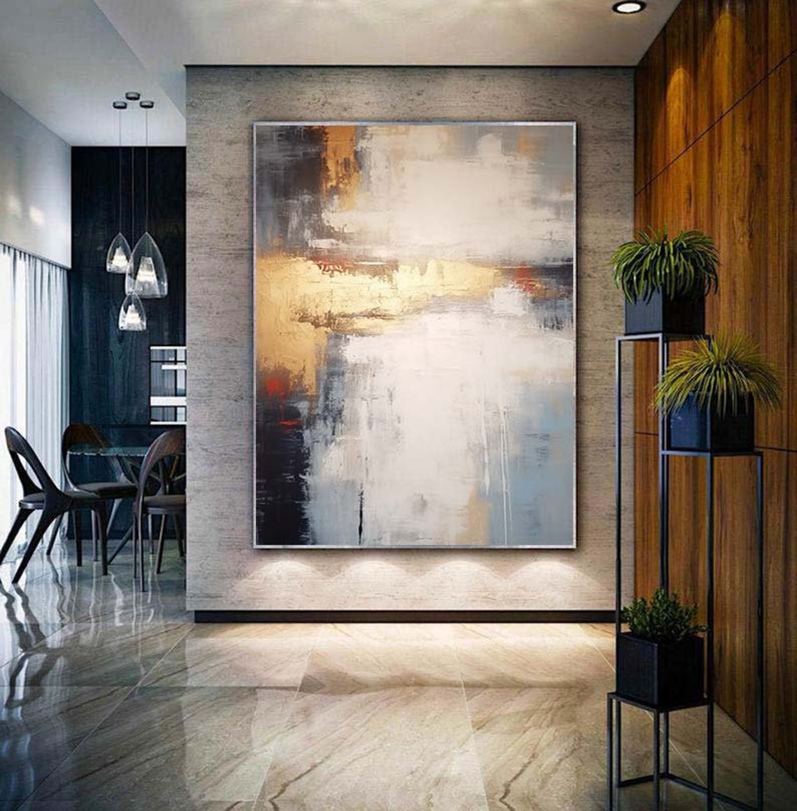 Gold White Slate Blue Textured Abstract Vertical Gallery Wall Poster - Image 5