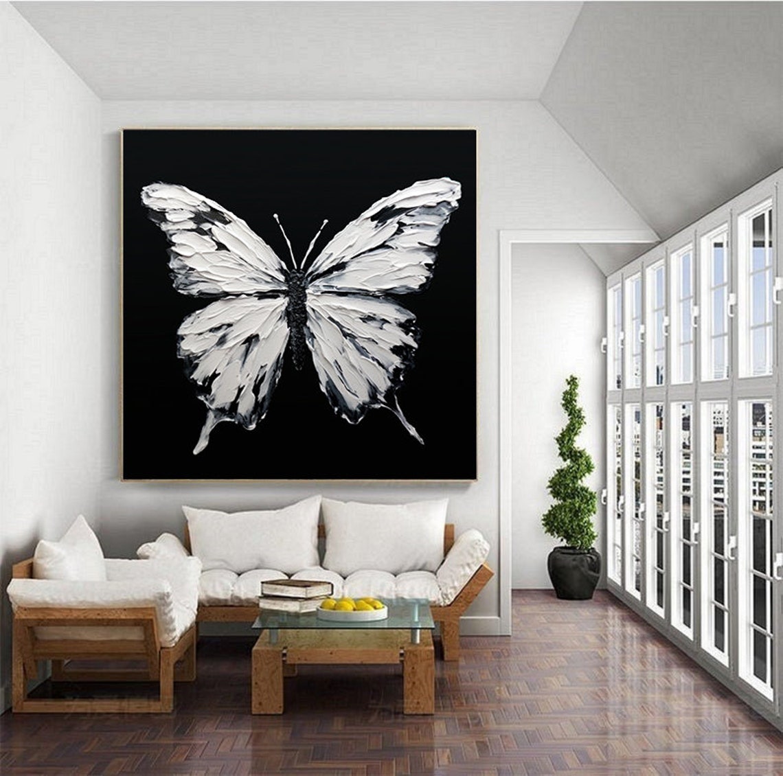 White Butterfly Black Background 3D Impasto Dramatic Art Poster - Image 4