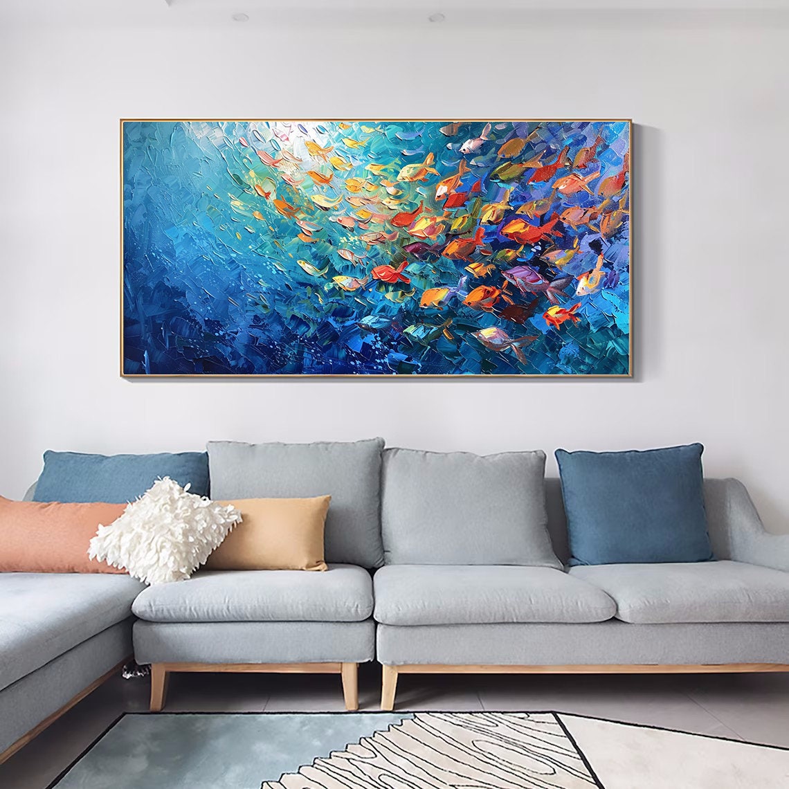 School of Colorful Fish Deep Blue Ocean Impasto Textured Wall Poster - Image 5