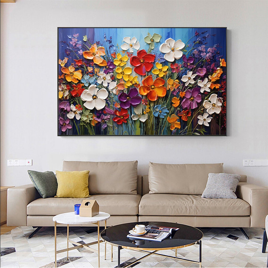 Lush Impasto Wildflower Field With Red Orange Blooms On Blue Poster - Image 3