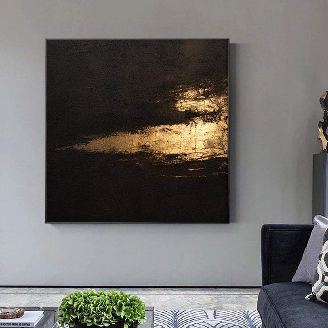 Dramatic Black and Gold Abstract Textured Oil Painting Poster - Image 2