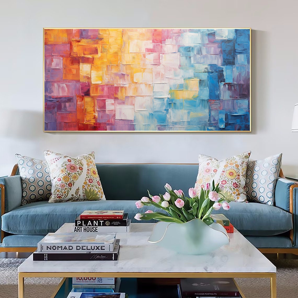 Colorful Mosaic Grid Abstract Art Shifting Orange To Blue Poster - Image 3