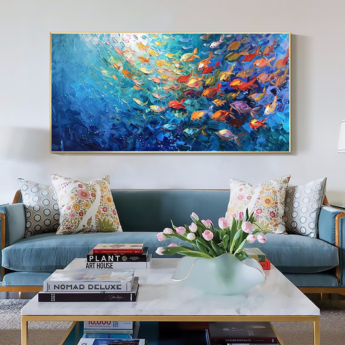School of Colorful Fish Deep Blue Ocean Impasto Textured Wall Poster - Image 3