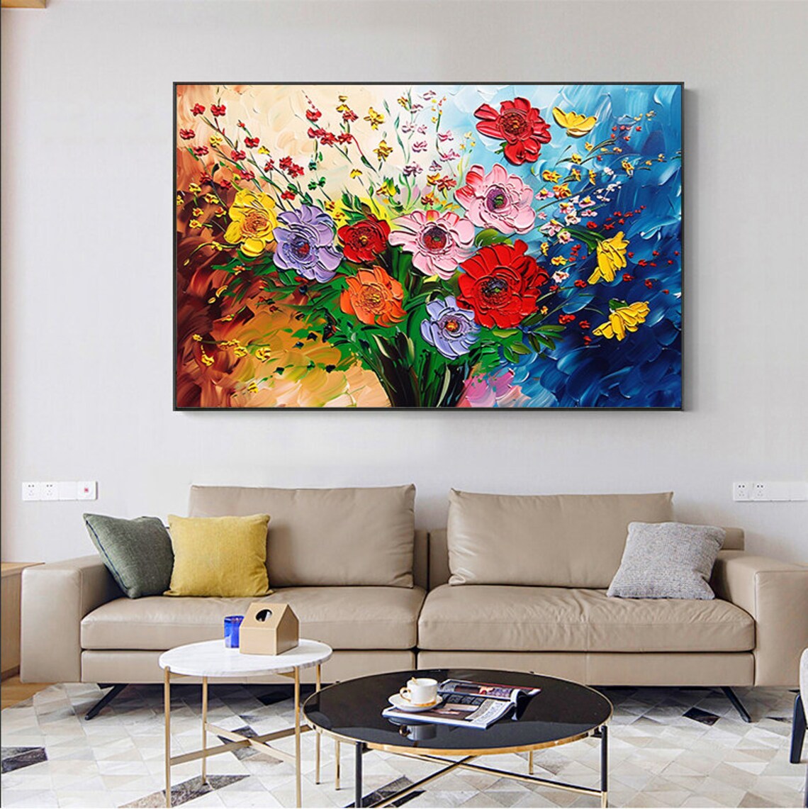 Colorful Mixed Flower Bouquet Impasto Painting on Blue Canvas Poster - Image 4