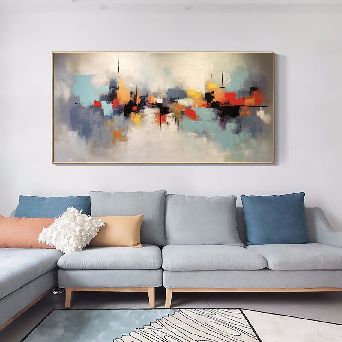Color Block Red Teal Orange Wide Modern Abstract City Poster - Image 5