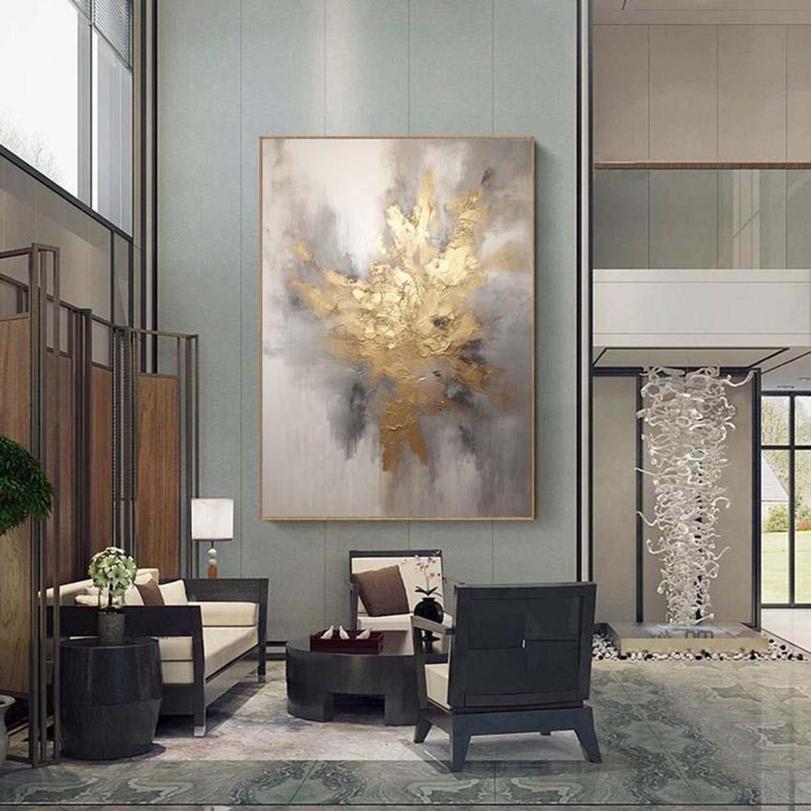 Gold Cloudburst on Grey White Abstract Elegant Painting Poster - Image 5