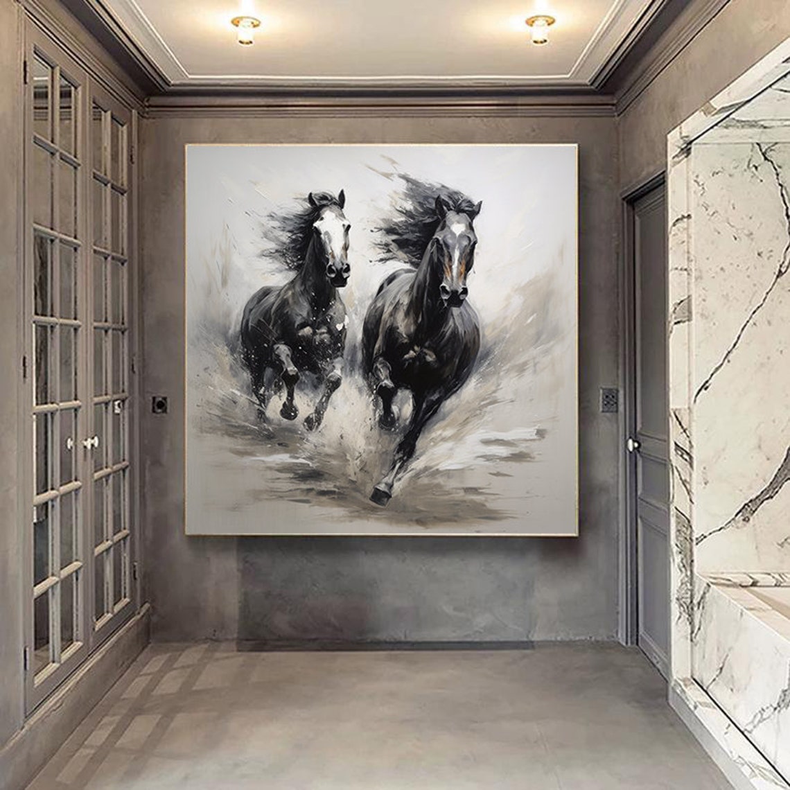 Black And White Textured Running Horses Oil Painting Horse Painting Original Animal Oil Art Wall Decor Living Room Office Wall Art - Image 6
