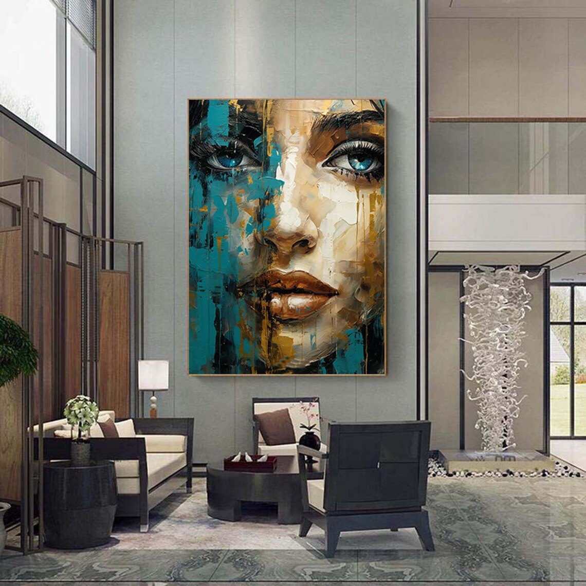 Teal Gold Abstract Woman Face Modern Portrait Blue Eyes Wall Poster - Image 6