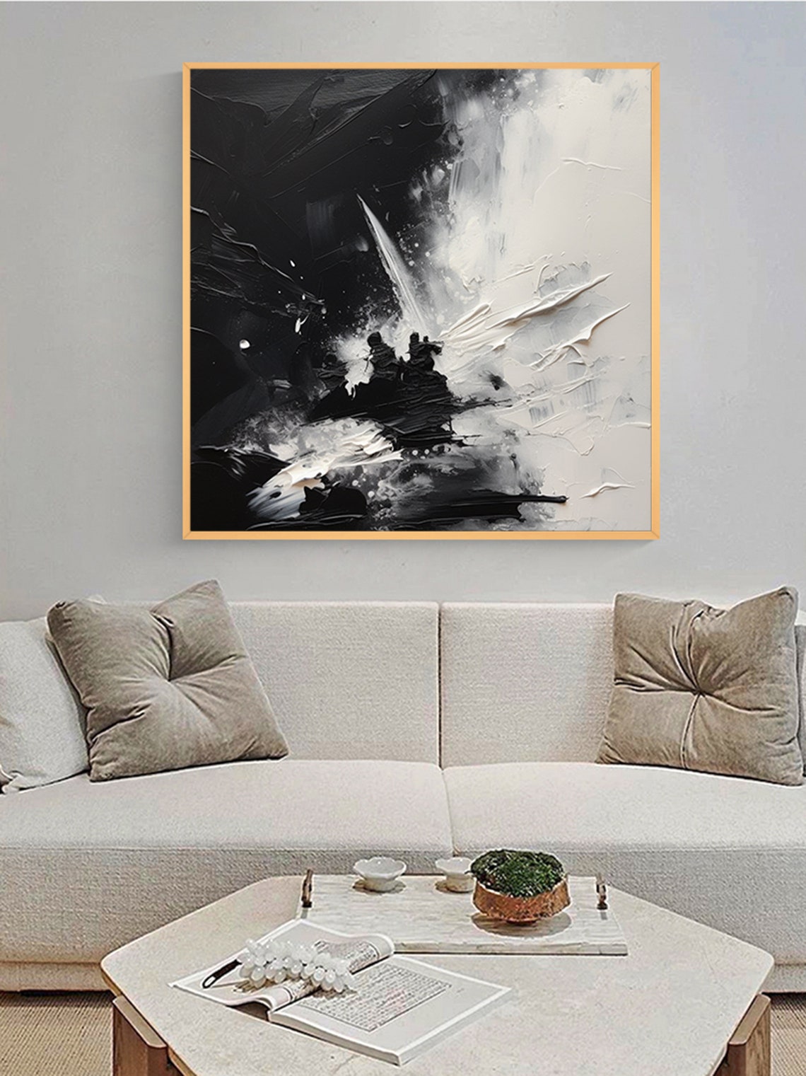 Dramatic Black White Impasto Texture Square Burst Art Poster - Image 2
