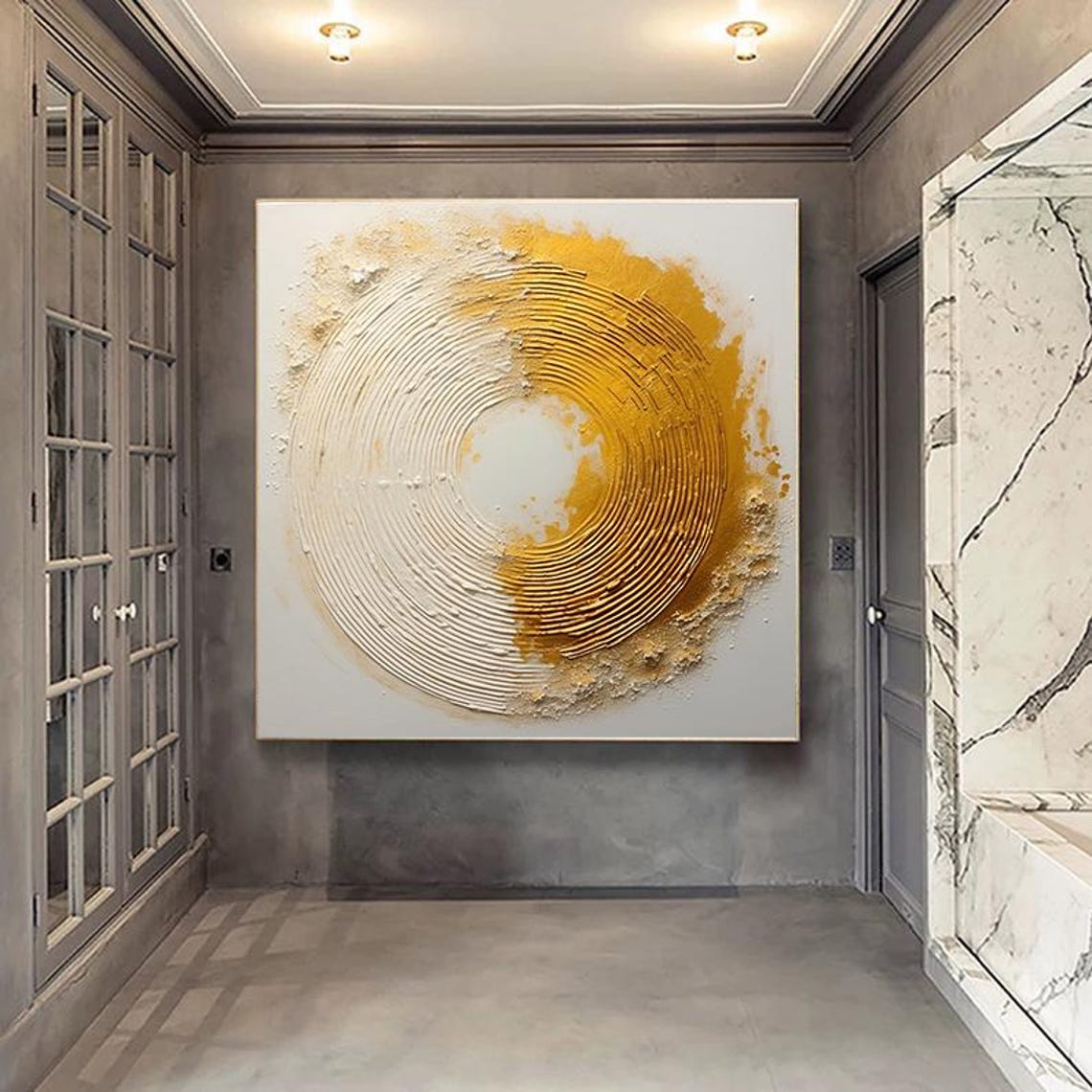 Golden White Spiral Circle Textured Abstract Modern Painting Poster - Image 2