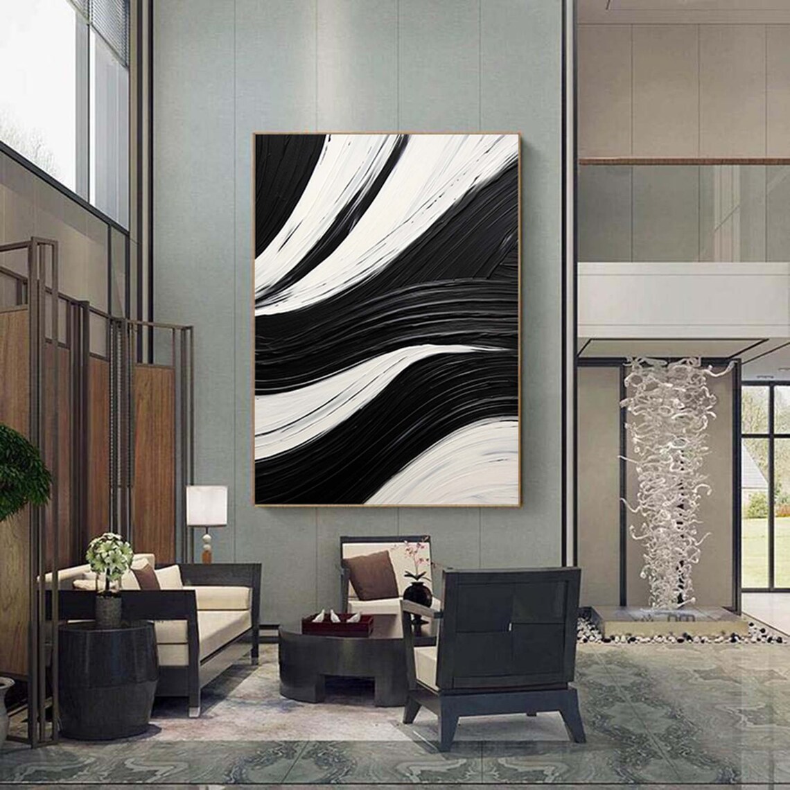 Minimalist Black And White Abstract Oil Painting Art Print - Image 5