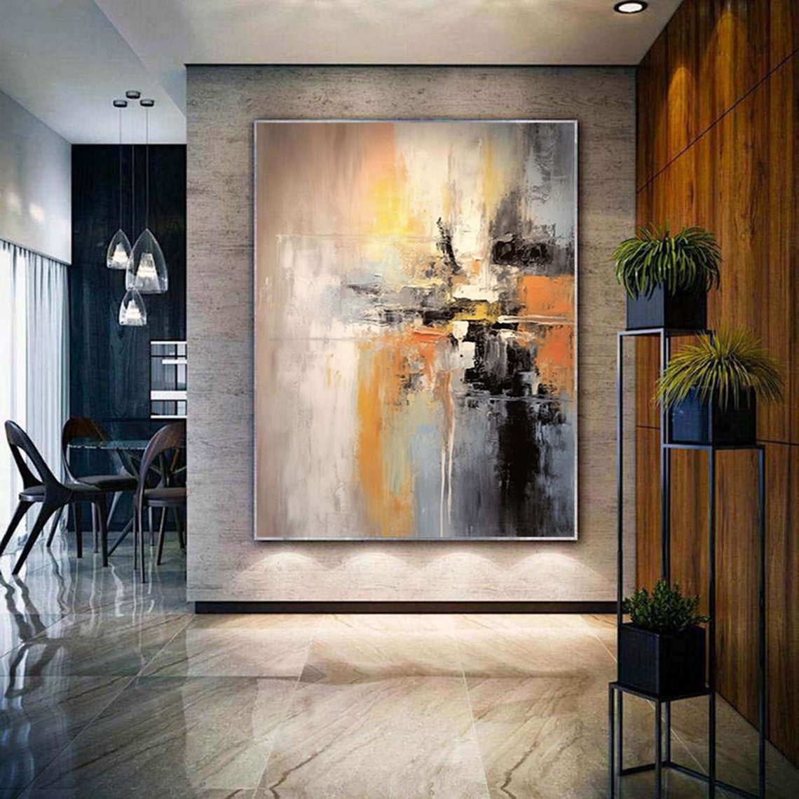 Warm Neutral Orange Grey Abstract Oil Painting for Living Room Poster - Image 2