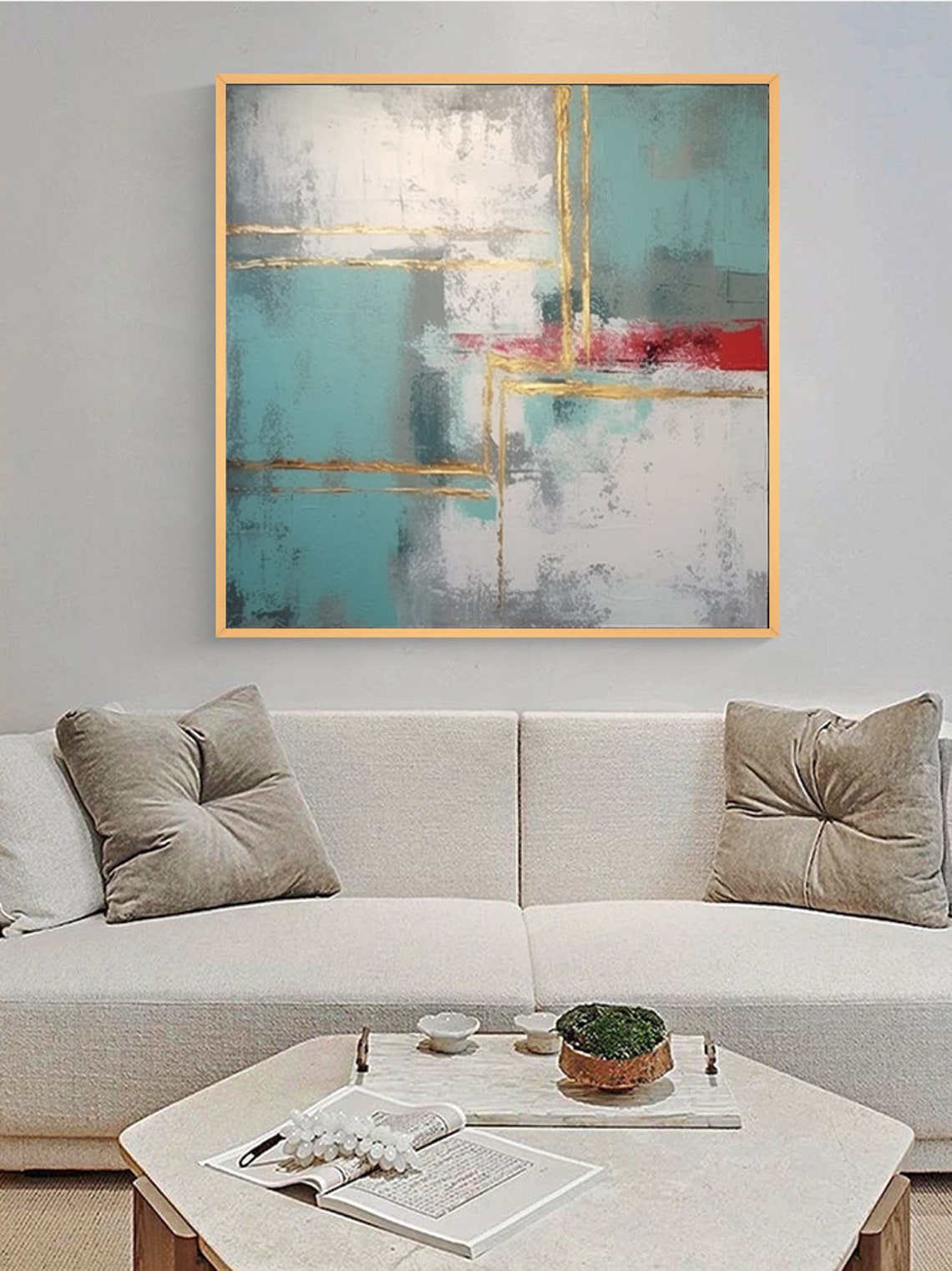 Geometric Teal White Abstract With Gold Lines And Red Band Poster - Image 5