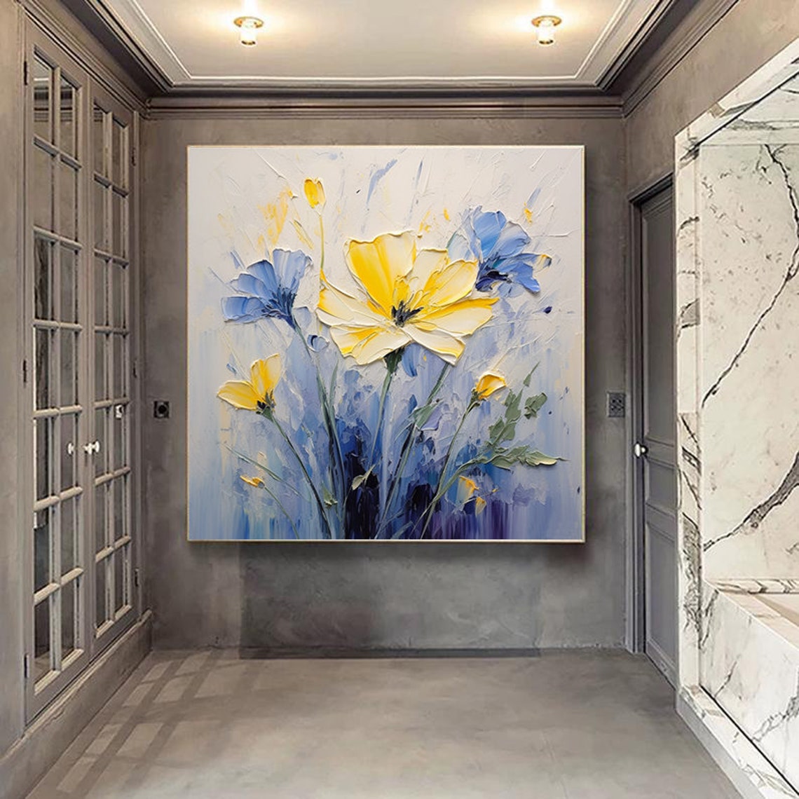 Yellow Spring Flowers and Blue Blooms Palette Knife Oil Poster - Image 2