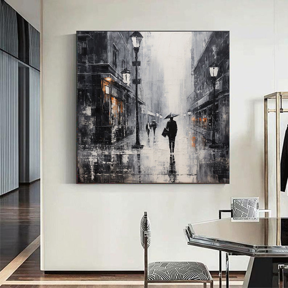 Rainy City Street Umbrella Figure Black White Monochrome City Poster - Image 6