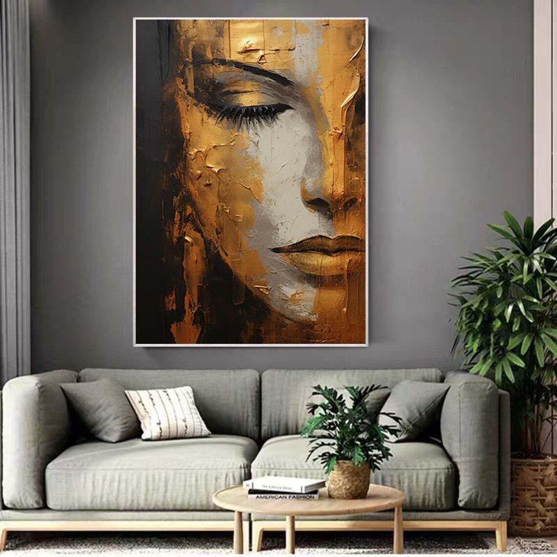 Abstract Gold Textured Portrait, Handmade Oil Painting - Image 3