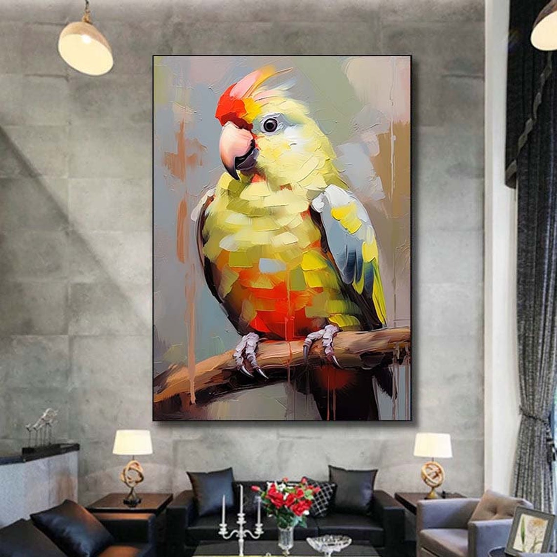 Yellow Green Parrot Portrait Perched On Branch Impasto Poster - Image 6