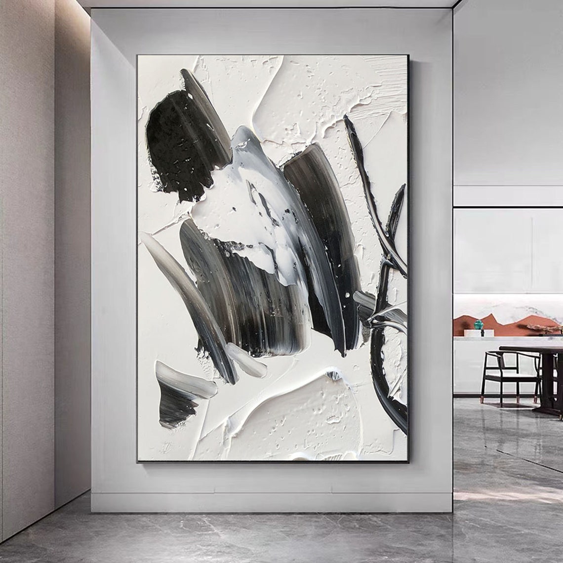 Black White Grey Abstract Textured Impasto Corridor Painting Poster - Image 4