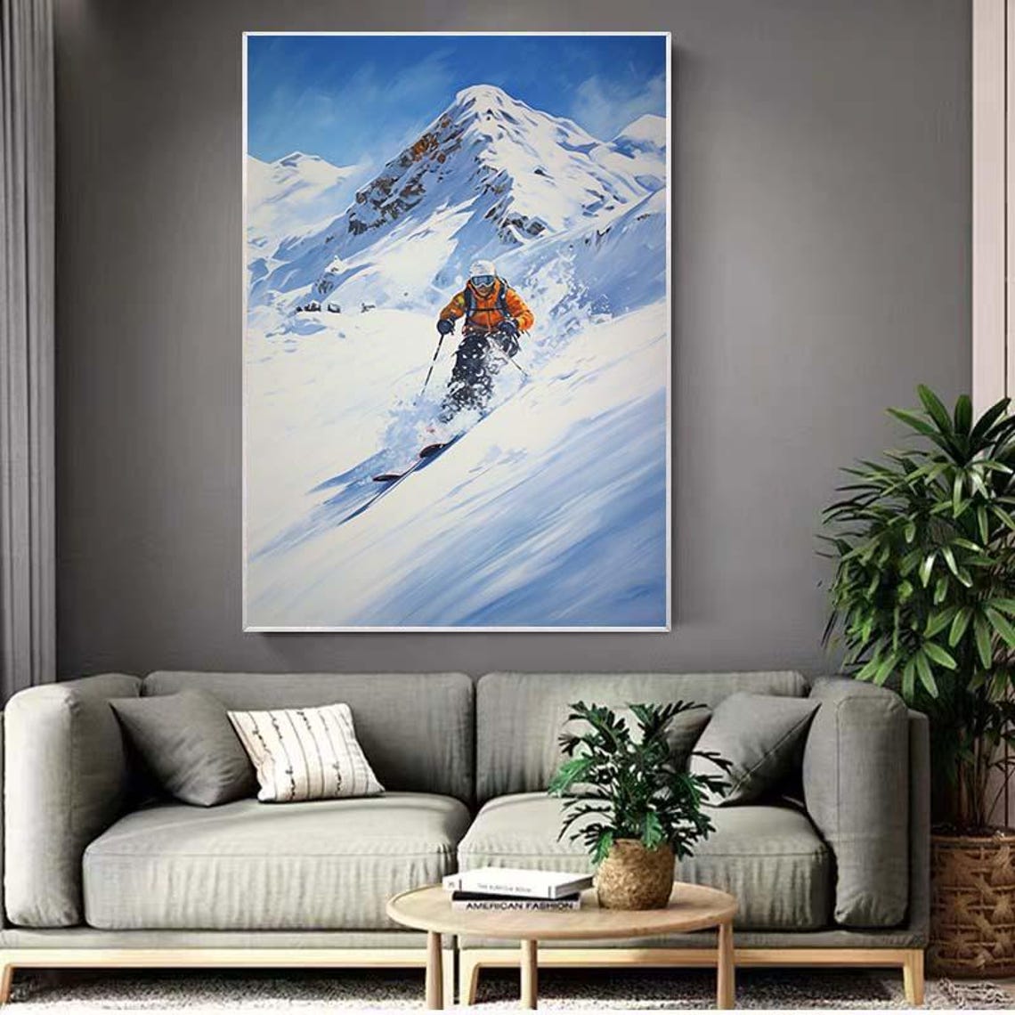 Snowy Mountain Skier Orange Jacket Powder Slope Sports Painting Poster - Image 2