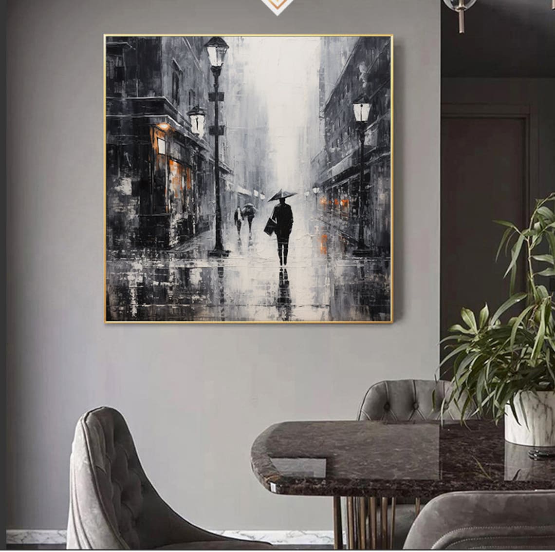 Rainy City Street Umbrella Figure Black White Monochrome City Poster - Image 7
