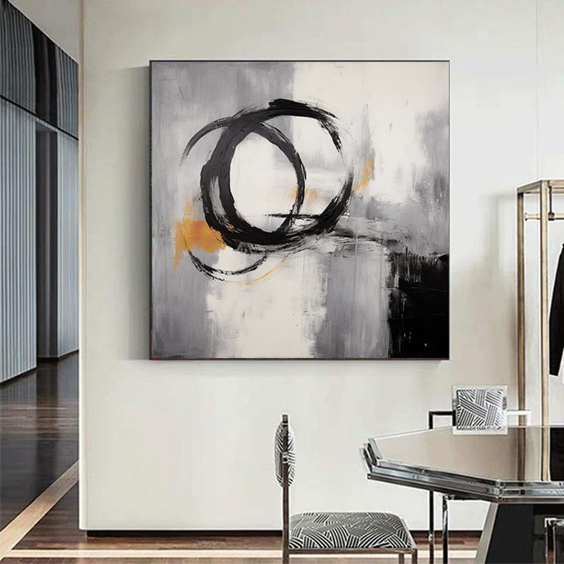 Black Enso Circle Gold Accent Grey Abstract Zen Brush Art Poster - Image 3