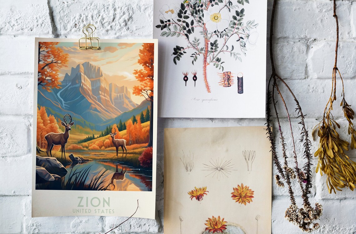 Zion National Park Deer Pond Autumn Canyon Scene Vintage Travel Poster - Image 4