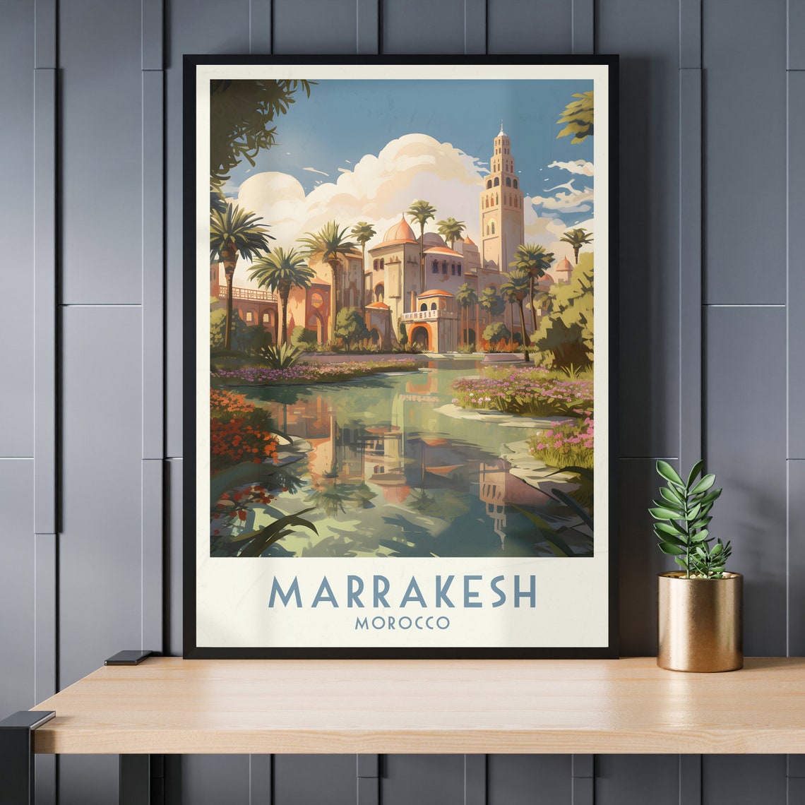 Marrakesh Koutoubia Mosque Garden Reflection Vintage Travel Poster - Image 3