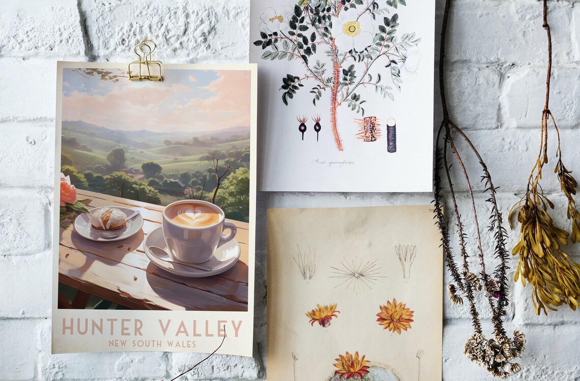 Hunter Valley Poster with Latte Art and Croissant on a Deck View - Image 4